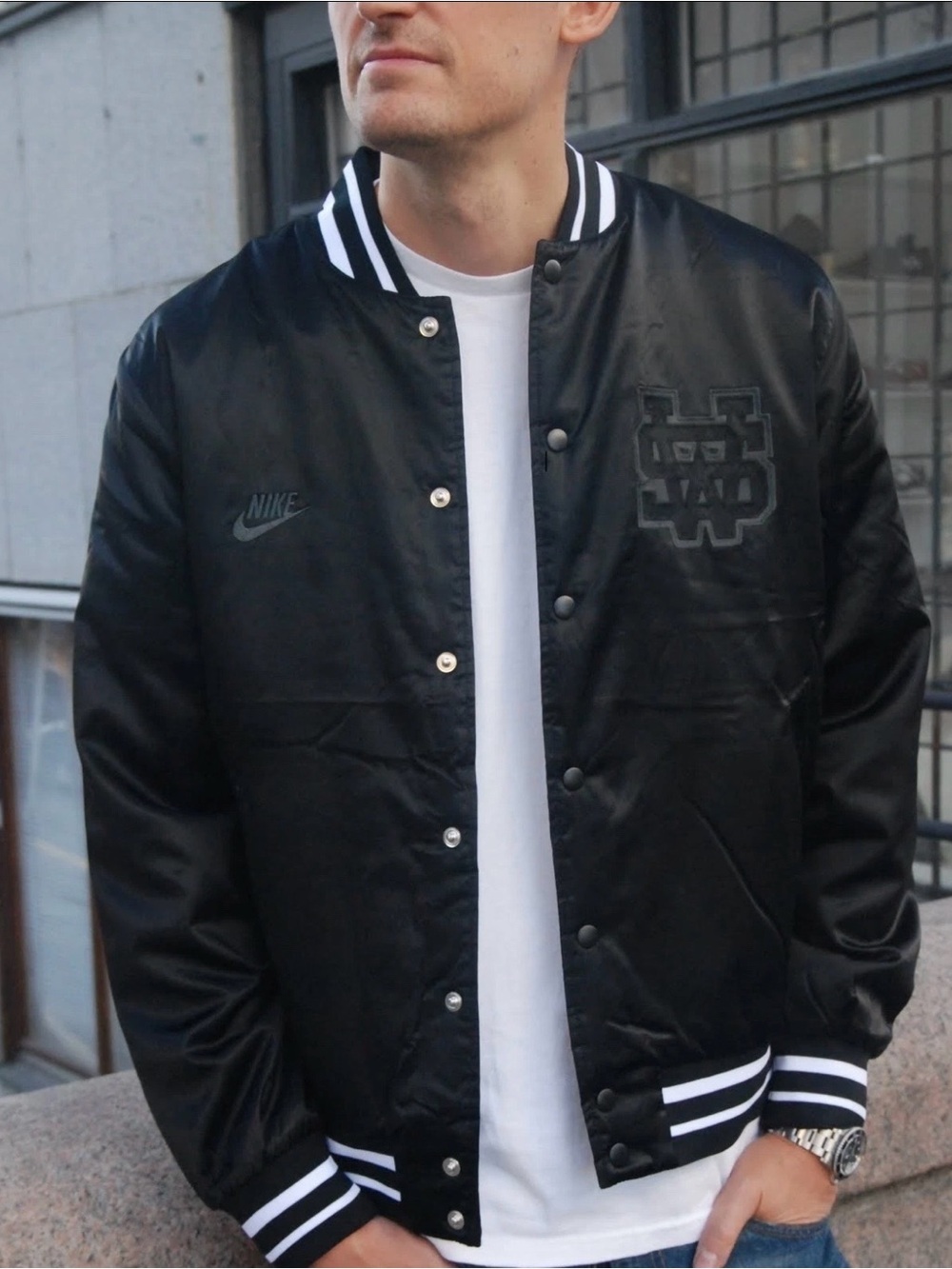 Nike Black Varsity Bomber Jacket with White Trim
